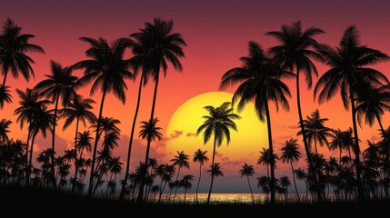 Silhouetted palm trees against a vibrant sunset, creating a serene and tropical atmosphere.