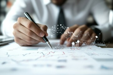 Professional with pen and reports sits at a desk, analyzing business statistics and graphs, representing meticulous study and strategic planning.