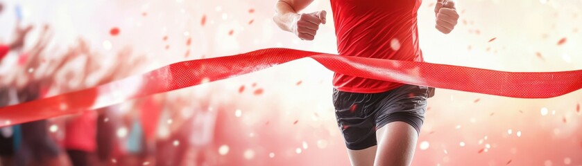 A runner in a red shirt crosses the finish line, breaking a ribbon, celebrating victory amidst a cheering crowd.