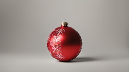 A shiny, solid red Christmas ball, glistening under twinkling fairy lights, hangs delicately from a snow-dusted evergreen branch. The ball reflects a cozy fireplace glow, surrounded by soft, falling s