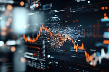 Obraz premium Abstract representation of financial data with colorful, jagged digital graphs on a screen, illustrating complexity and dynamics of modern-day economics.