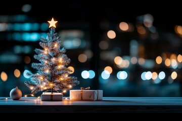 A small decorated Christmas tree stands on a table with glowing lights, accompanied by neatly wrapped gift boxes, evoking a festive and joyful holiday spirit.