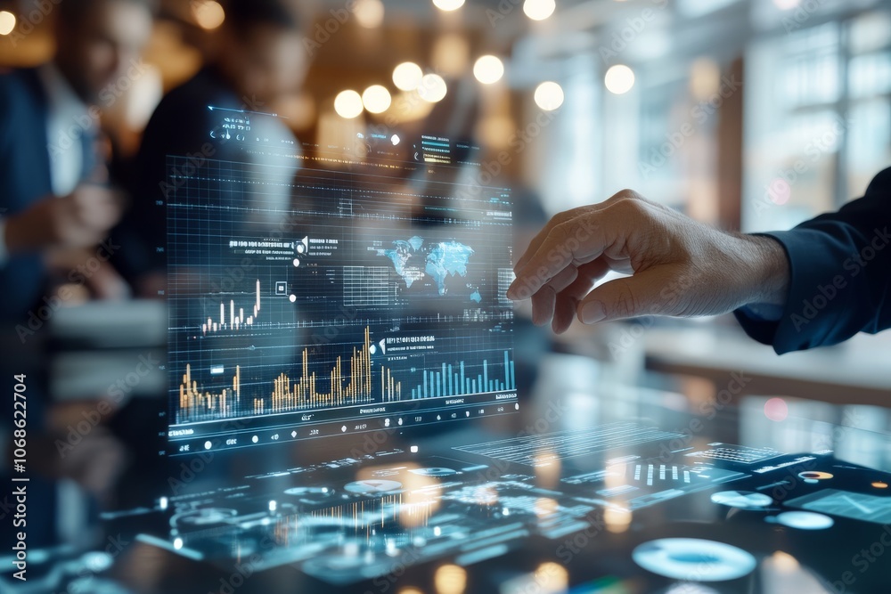 Poster an interactive analytical interface features a world map along with graphs and charts, symbolizing d