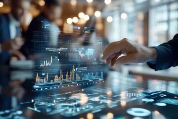 An interactive analytical interface features a world map along with graphs and charts, symbolizing data-driven decisions and innovation in a dynamic environment.