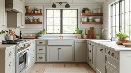 Fototapeta premium White Kitchen with Farmhouse Sink and Brass Hardware