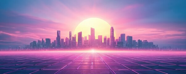Fototapeta premium A vibrant sunrise illuminates a futuristic city skyline, with skyscrapers reflecting pink