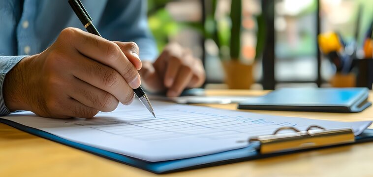 Close-up of a hand signing a document with a pen.