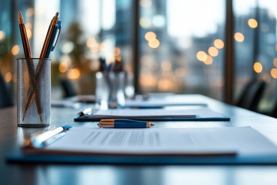 A well-set conference table with neatly arranged pens and documents against a blurred cityscape background, conveying organization and readiness for formal meetings.