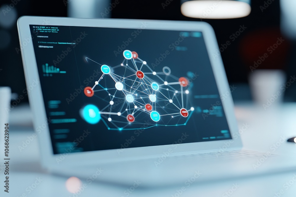 Poster a laptop displaying a digital network concept with interconnected nodes and links, highlighting conn