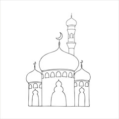 Vector Islamic minaret. Graphic illustration mosque, tower isolated on white background. Muslim hand drawn line sketch, holiday Ramadan Kareem or Eid Al Adha 2025. For designers, prints, postcards