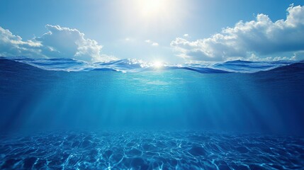 A serene underwater scene showcasing vibrant blue water lit by sunlight filtering through the surface.
