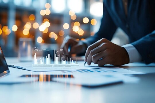 The image displays a businessman reviewing several financial charts laid out on a desk with a laptop in an office setting, highlighting corporate analysis and assessment.