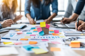 A group of people working collaboratively at a desk cluttered with sticky notes and documents, highlighting teamwork, creativity, and brainstorming sessions.