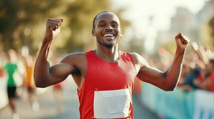 A jubilant runner in a red uniform celebrates crossing the finish line, surrounded by cheering crowds in a vibrant outdoor setting.