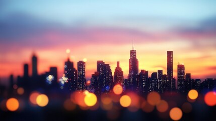 Fototapeta premium Silhouette of a vibrant city skyline at dusk, with blurred lights creating a dreamy atmosphere.
