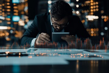 A focused businessman reviews financial data on a tablet, surrounded by a futuristic digital chart overlay, in a dimly lit modern office setting.