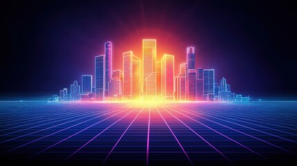 Fototapeta premium A vibrant, digital skyline glows in neon colors against a dark background
