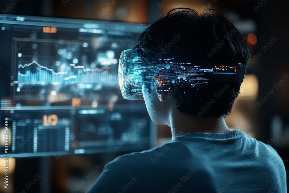 Poster a person wearing a virtual reality headset engages in data analysis, blending high-tech visualizatio
