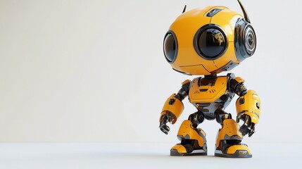 A small yellow robot with black accents stands on a white background.