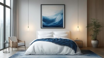 luxurious white bedroom showcasing a sleek mockup poster frame elegantly placed above a plush, minimalist bed with soft lighting creating a serene atmosphere