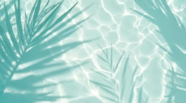  Turquoise Water Surface with Palm Leaf Shadows. Summer Tropical Background, Vacation Relaxation Concept. 4K Video