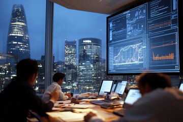 A team sits in an office during dusk analyzing large screen data visualizations with a city skyline backdrop, reflecting teamwork, analytics, and corporate dynamics.
