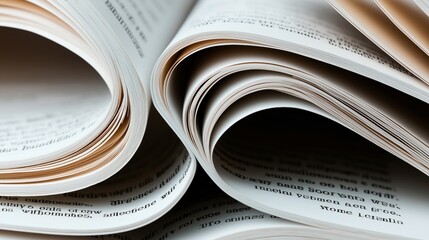 Close-up of overlapping pages of a book or magazine showing printed text in black ink on white paper, creating a wave-like pattern.