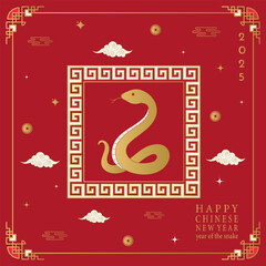 Chinese New Year 2025. Red background with golden snake. Vector illustration