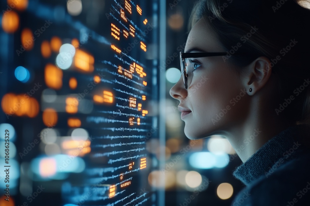 Poster focused woman studies programming code on a digital screen, suggesting a blend of technology and ana