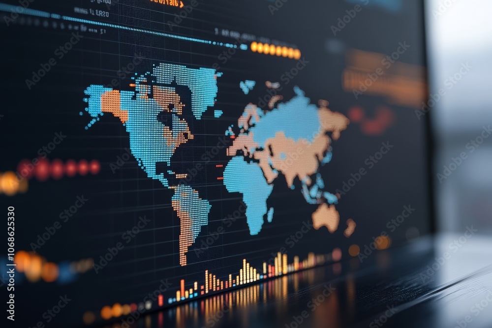 Poster a bright, animated digital world map displays various data points and bar graphs, reflecting global 
