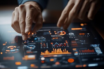 Hands operate a futuristic display screen with various digital data graphs and analytics interfaces, showcasing advanced technology and interaction techniques.