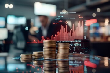 The image depicts several stacks of coins in focus, overlayed with a dynamic digital bar chart, symbolizing economic growth amidst a blurred office setting.