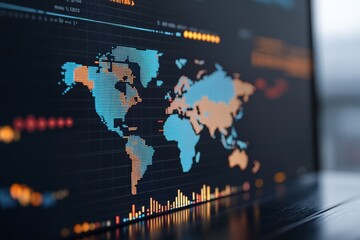 A bright, animated digital world map displays various data points and bar graphs, reflecting global connection and real-time analytics in vivid colors.