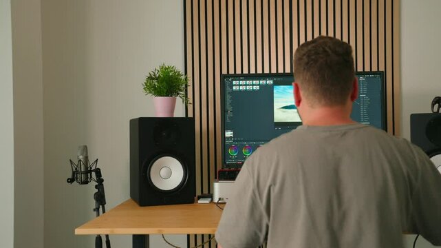 Content creator focused on video editing in a home studio with professional audio equipment, editing software on screen, and minimalist workspace design.