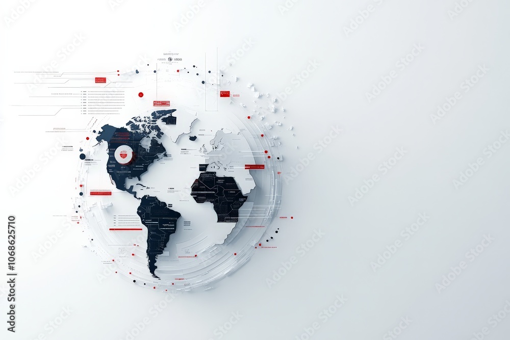 Poster an abstract representation of a globe featuring a world map with scattered data points and connectin