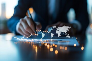A person uses a pen to draw a glowing line graph over a paper with a world map, reflecting global financial trends and economic forecasts.