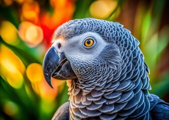 Fototapeta premium Stunning African Grey Parrot Portrait - Captivating Details, Vibrant Colors, High Resolution, Wildlife Photography, Exotic Birds, Nature Close-Up, Animal Beauty, Feather Patterns