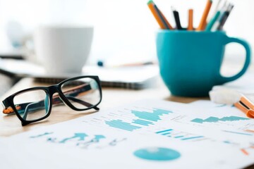 A well-organized office desk with eyeglasses and documents featuring statistical graphs and charts representing business data analysis and productivity.
