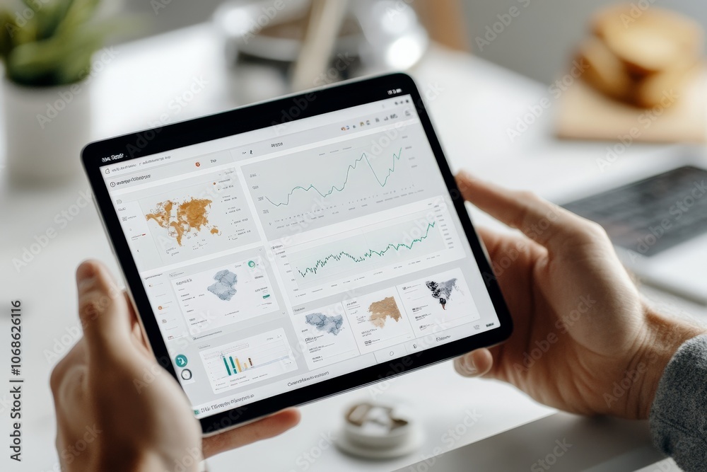 Poster a tablet screen displaying various analytics and data visualizations, illustrating global trends and
