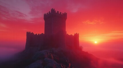 Obraz premium majestic castle standing tall on a rocky outcrop, silhouetted against a dramatic sunset, capturing the essence of fantasy and adventure, with intricate details in stonework and surrounding nature