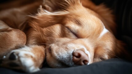 Close-up of a sleeping golden retriever dog resting peacefully with its eyes closed and fur visible
