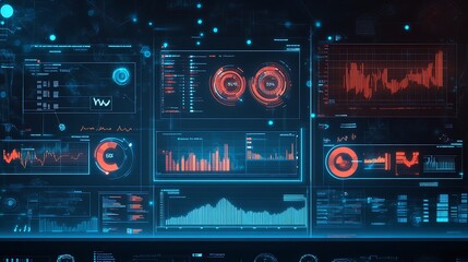 Futuristic digital interface with various graphs and charts