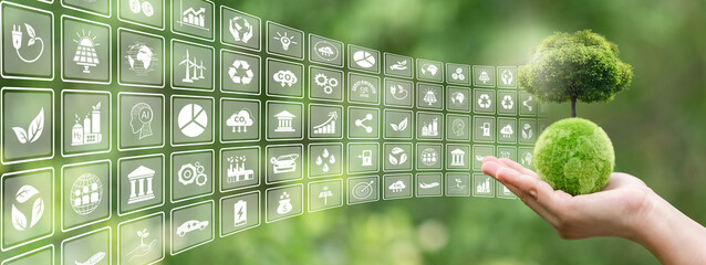 Illustration for environmental, business or green investment concepts. Virtual screen with icons on...
