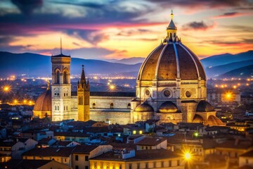 Fototapeta premium Stunning Bokeh Effect of Florence Cathedral Santa Maria del Fiore - Iconic Architecture, Tuscany Landmark, Vibrant Cityscape, Artistic Photography, Travel Destination, Historic Site