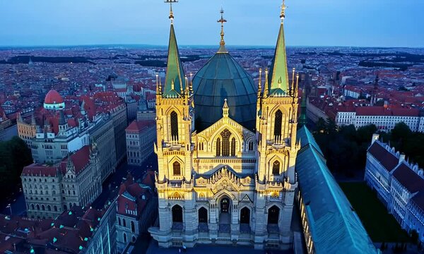 Aerial view of famous places St. Stephen's Cathedral Stephansdom at night. Mother church of the Roman Catholic Archdiocese of Vienna. Austria