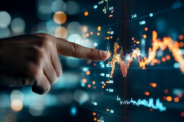 A person's finger interacts with vibrant digital graphs representing financial data on a high-tech screen, signifying analysis and market insight in a futuristic atmosphere.