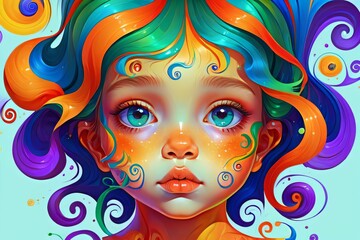 cute little girl with smooth facial features,blue,green,yellow,orange