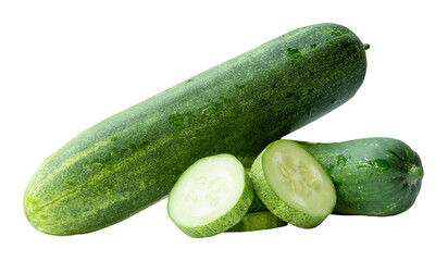 Side view of fresh green cucumber with slices in circle shape in stack isolated with clipping path in png file format