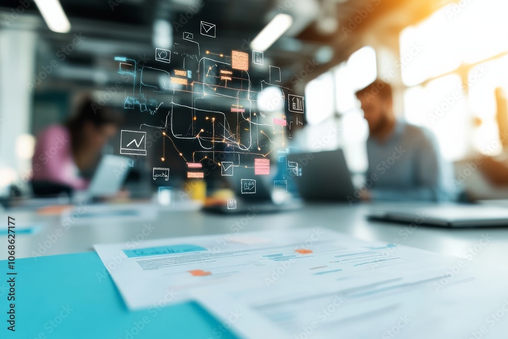 Poster a digital network interface visualized in an office space showing charts and graphs projected ahead,