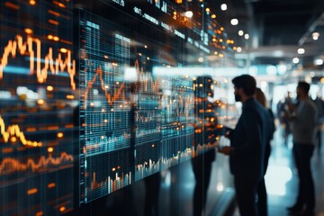 In a high-tech office setting, data analysts examine vibrant and dynamic stock market graphics on digital screens, showcasing trading activity and market fluctuations.